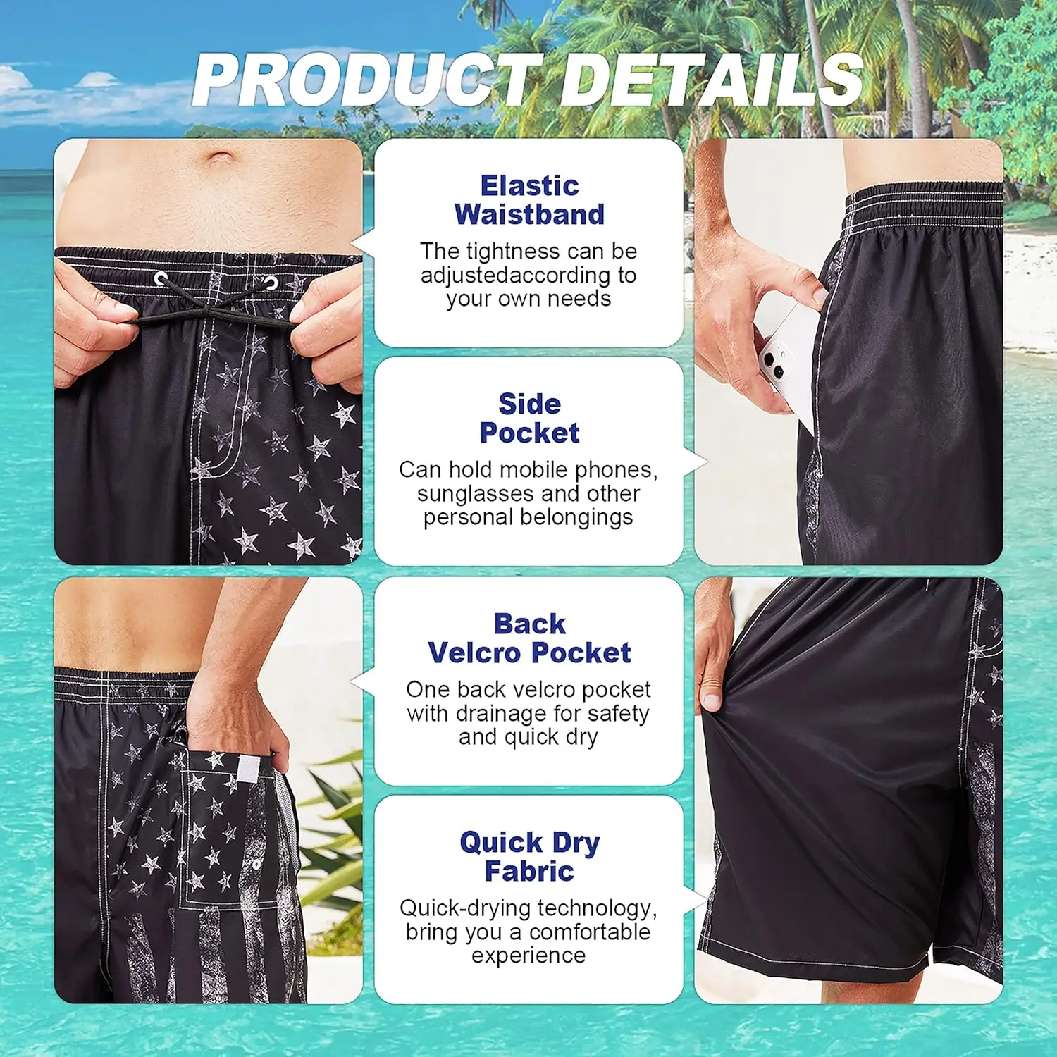 Mens Swim Trunks Quick Dry Board Shorts With Mesh Lining Breathable Fit Hawaii Beach Shorts Swimwear Bathing Suits