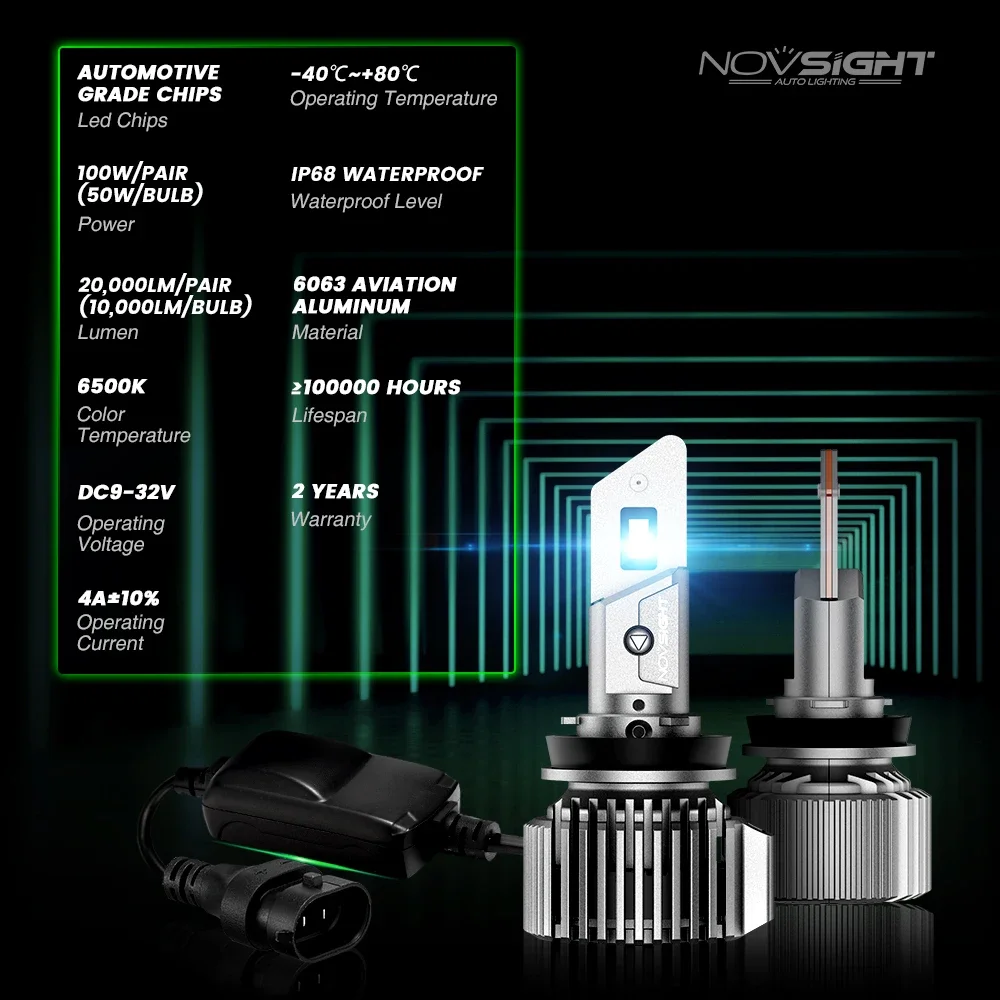 NOVSIGHT H11 Bulbs Decoder Car Headlight H7 HB3 9005 9006 HB4 H4 H8 H9 H13 100W 20000LM 6500K LED Headlamp Auto Accessories