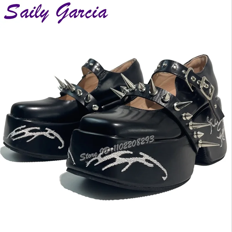 

Black Rivets Platform Pumps Embroidery Punk Shallow Buckle Straps Mary Janes y2k Women Thick Sole Shoes 2025 Summer Gothic