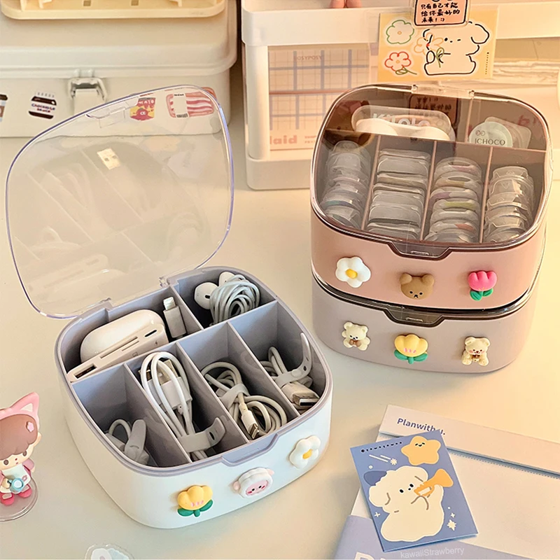 Kawaii Desk Organizers With Sticker Lid Cute PlasticJewelry Stationery Charging Cable Hair Band Portable Home Desk Storage Box