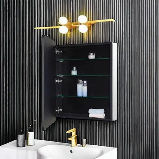 Black Bathroom Mirror Medicine Cabinet Round Corner Framed Door 24 x 30 inch Recessed Surface Mount Adjustable Glass Shelves