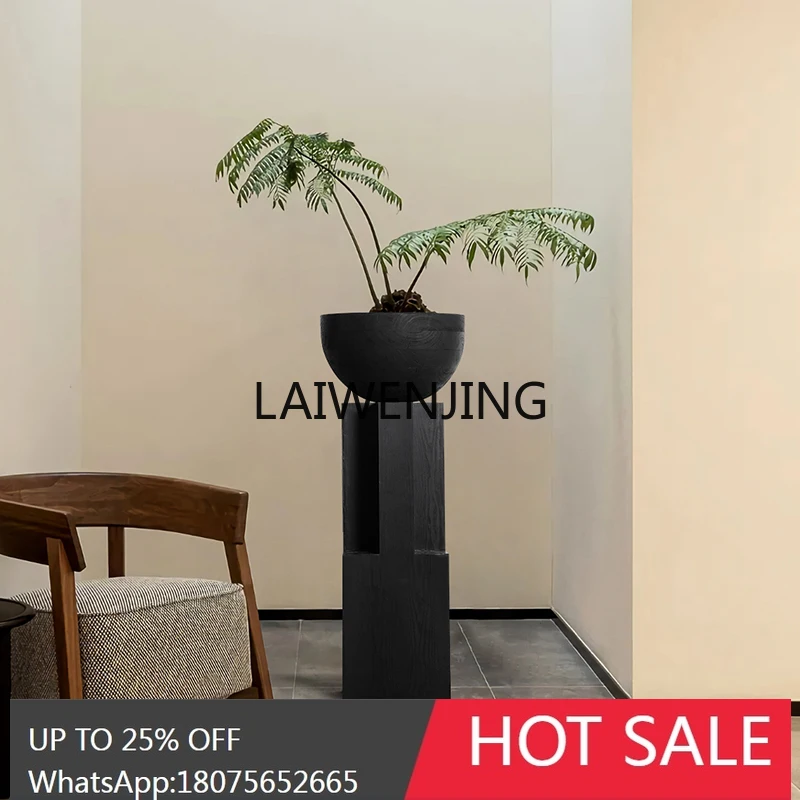 HLZ wabi sandy wind carbonized flower pot wooden flower bowl floor ornament exhibition hall high-end decorative flower utensils