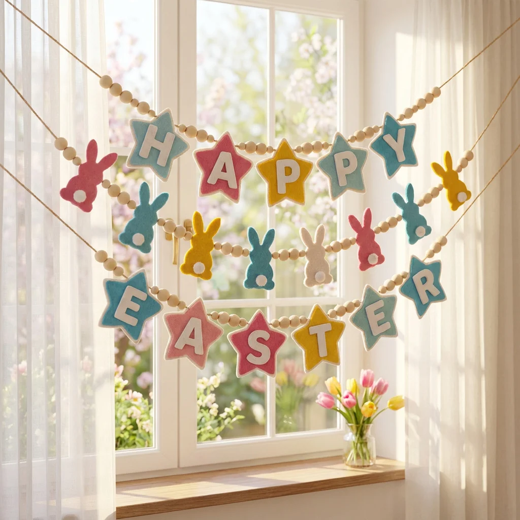 2026 Happy Easter Bunny Wood Bead Garland Banner Fireplace Mantel Letter Decor Spring Home Easter Party Hanging Ornament