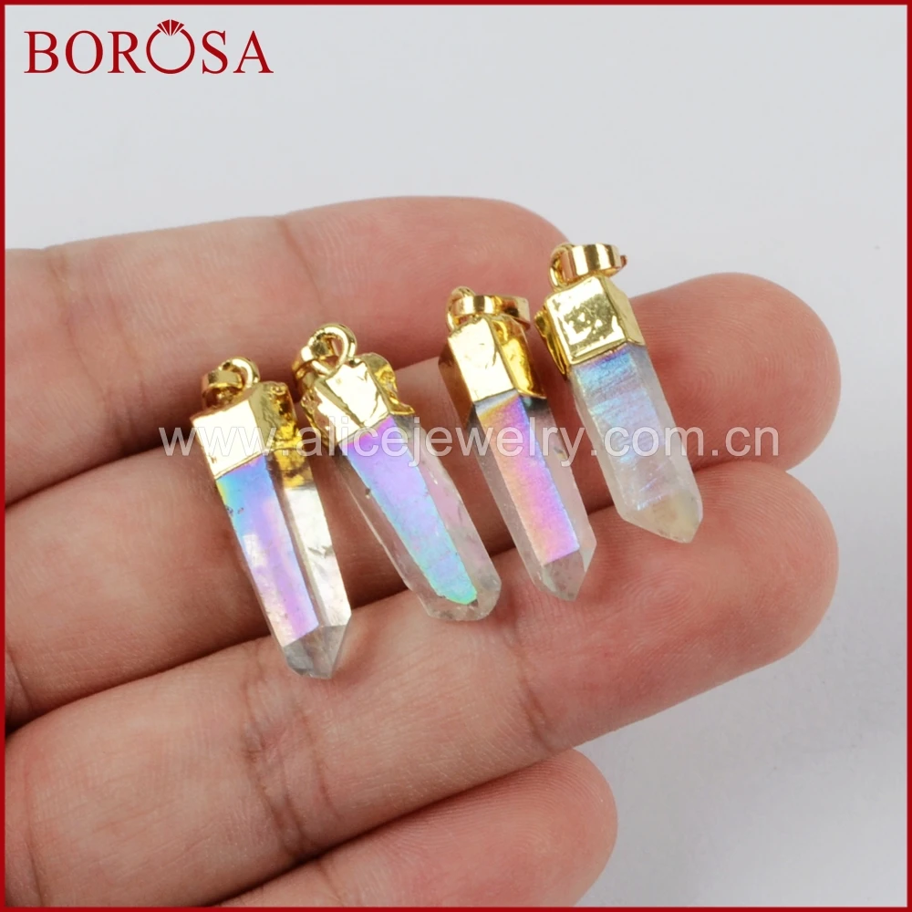 Gold/Silver Plated Aura Angel Quartz Titanium AB Crystal Point Faceted Pendant Beads for Necklace Jewelry G1395