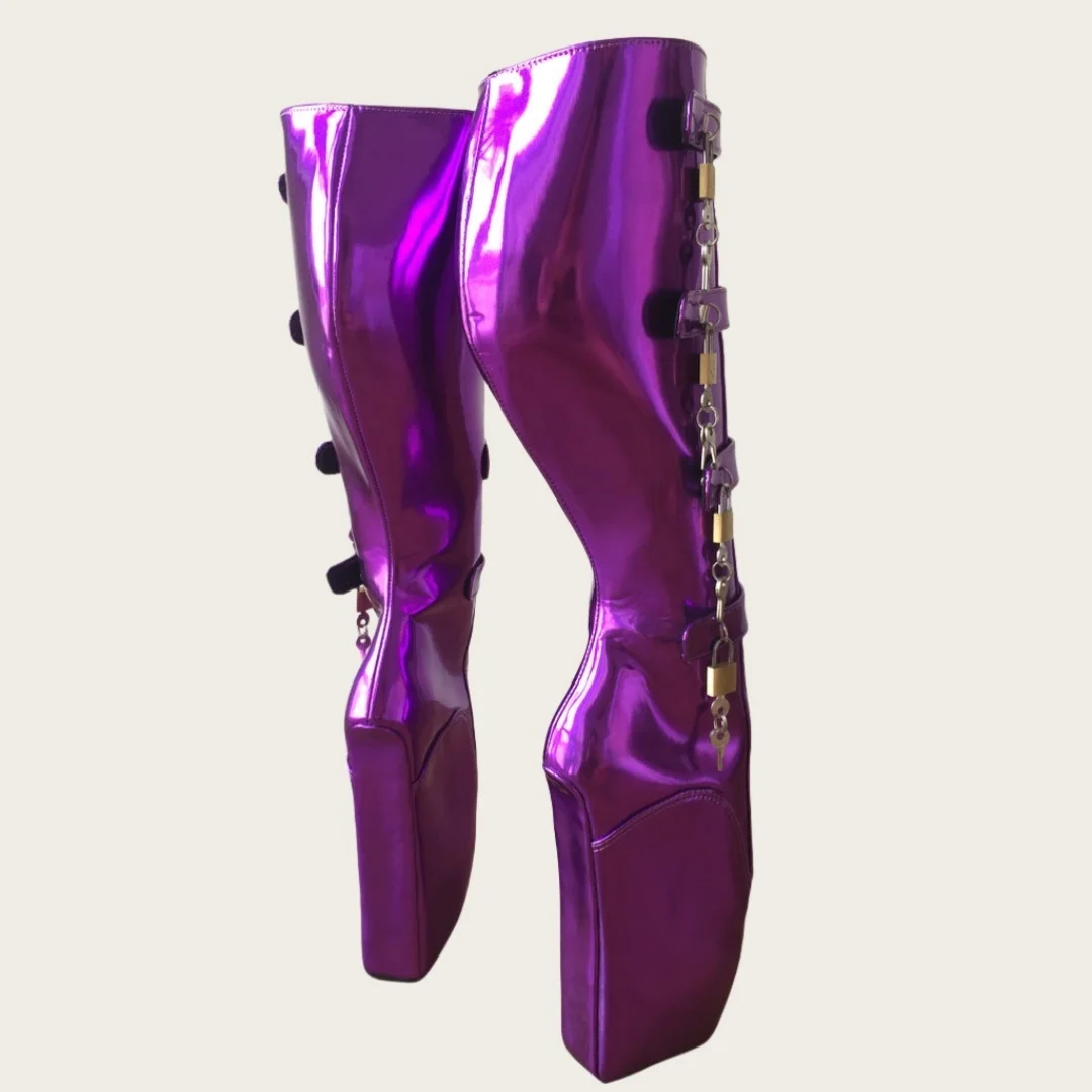 Women's Purple Metallic Patent Leather Platform Ballet Heel Boots Buckle Lock Detail Knee-High Design Bold for Parties Outfits