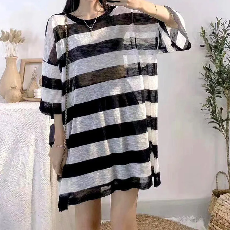 

Summer Design Versatile Lace Up Backless Knitted Sweater, New Plus Size Sun Protection Cover, Ice Silk Striped Top for Women