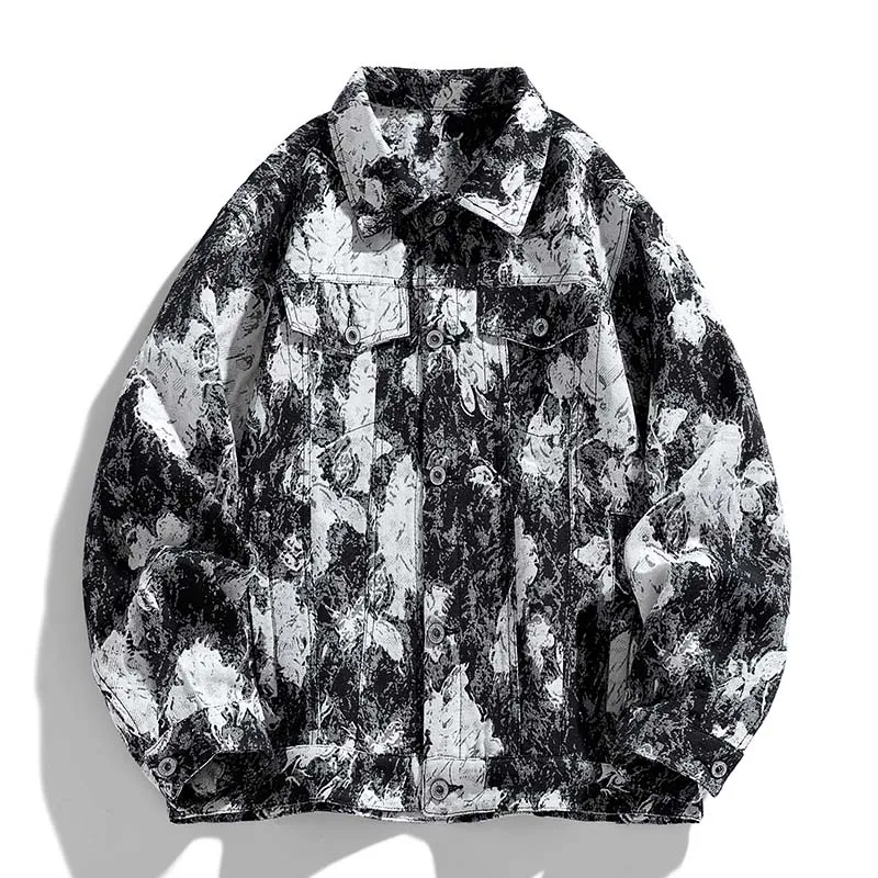 

Streetwear Men's Casual Shirt Jacket Trendy Luxury Jacquard Coat Oil Painting Effect Hong Kong Style Retro Workwear Outerwear