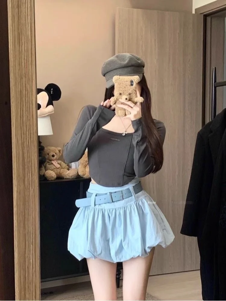 Blue High Waist A-Line  Skirt Women's Sexy Half Body Skirt Fluffy Skirt SUCE Pure Desire Style Summer New Arrival