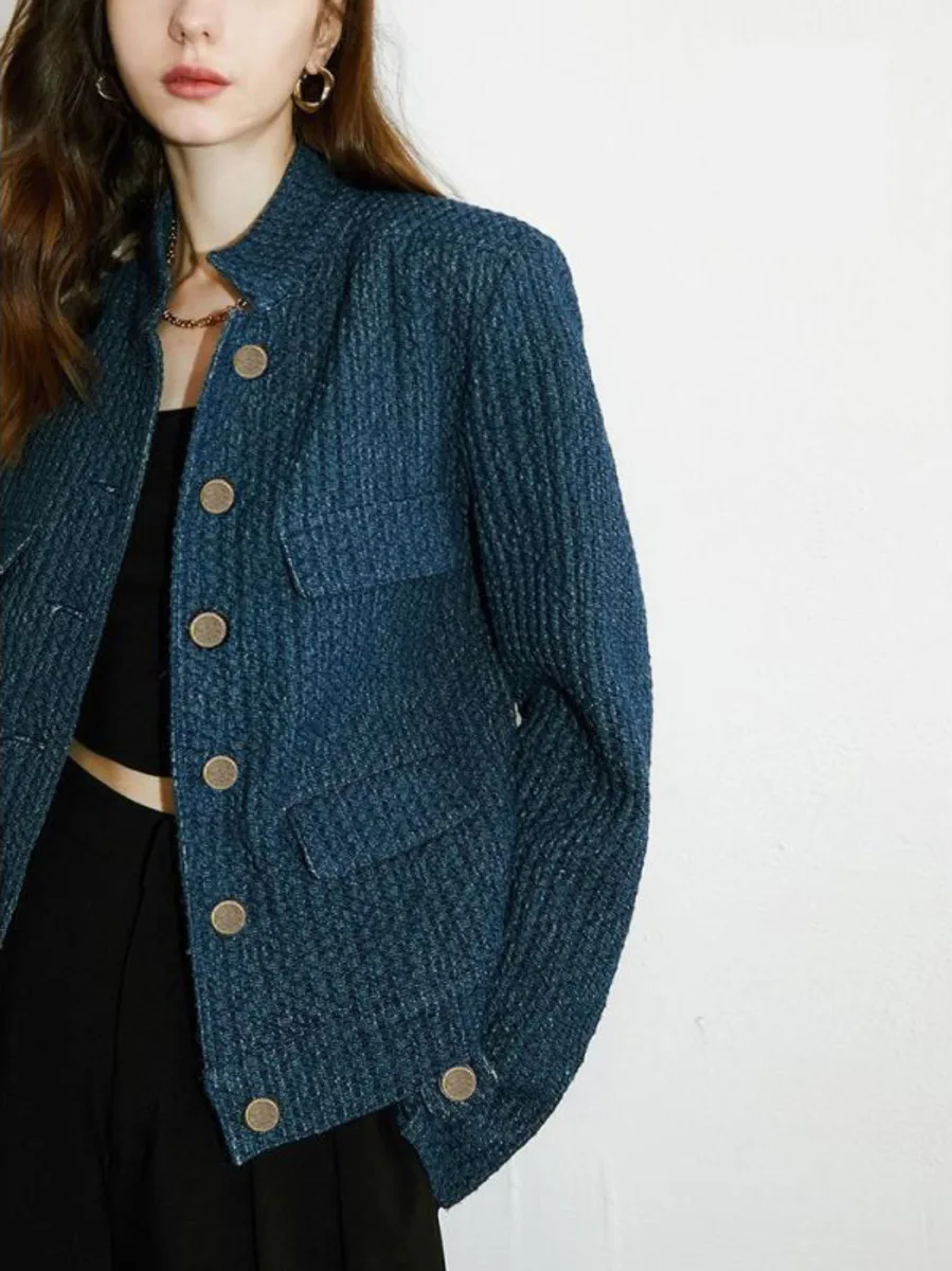 Vintage Blue Tweed Jackets Women Fashion Designers Spring Autumn Casual Clothes Luxury 2024 Buttons Elegant Short Coats Top