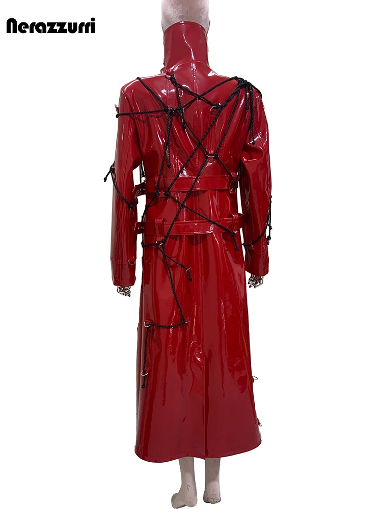 Nerazzurri Autumn Long Shiny Reflective Red Pu Leather Coat Women with Drawstring Double Belts Punk Style Streetwear Emo Clothes