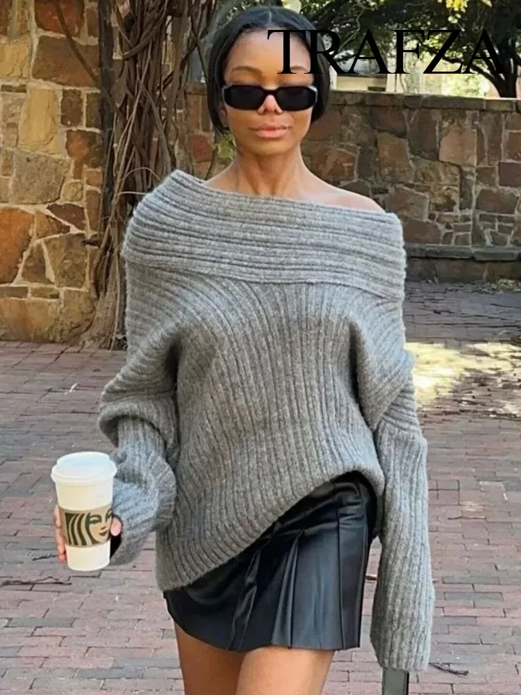 

TRAFZA Woman Solid Streetwear Lazy Wind Dew Shoulder One-shoulder Knitted Sweater Women Loose Long Sleeve Slim Pullover Top
