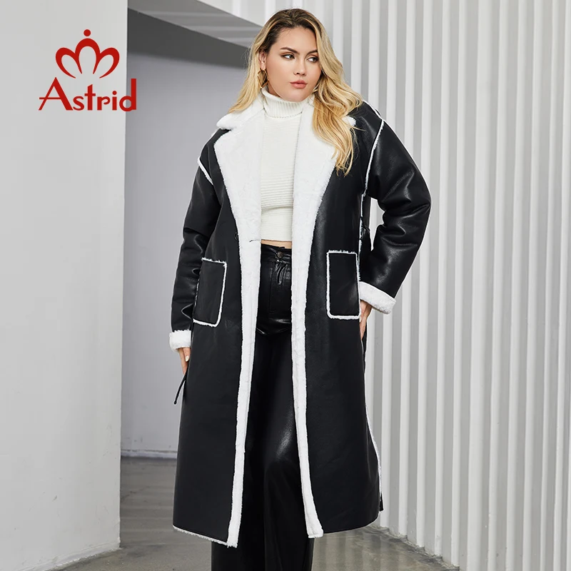 Astrid 2023 Winter Faux Leather Jacket Women Plus Size Long Warm Plush Collar Padded Coat Fashion Pocket Cotton Female Parkas