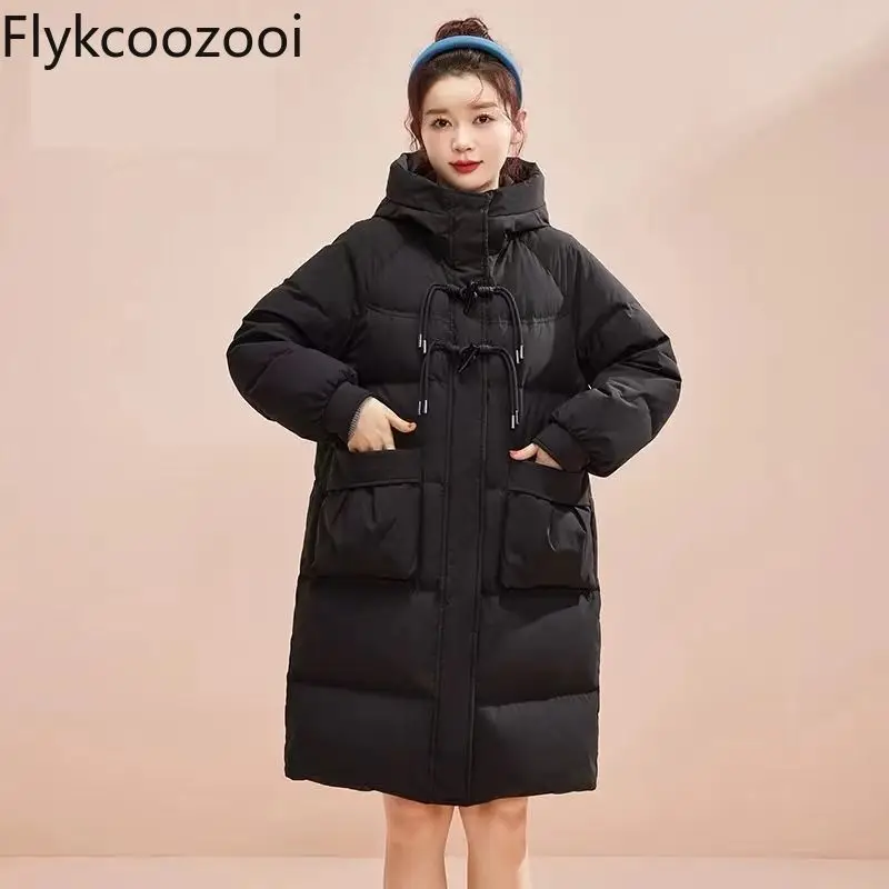 2024 Women's Mid-length New Style Loose Horn Button Jacket Winter Hot Style Slim Thickened Long Winter Coat Women