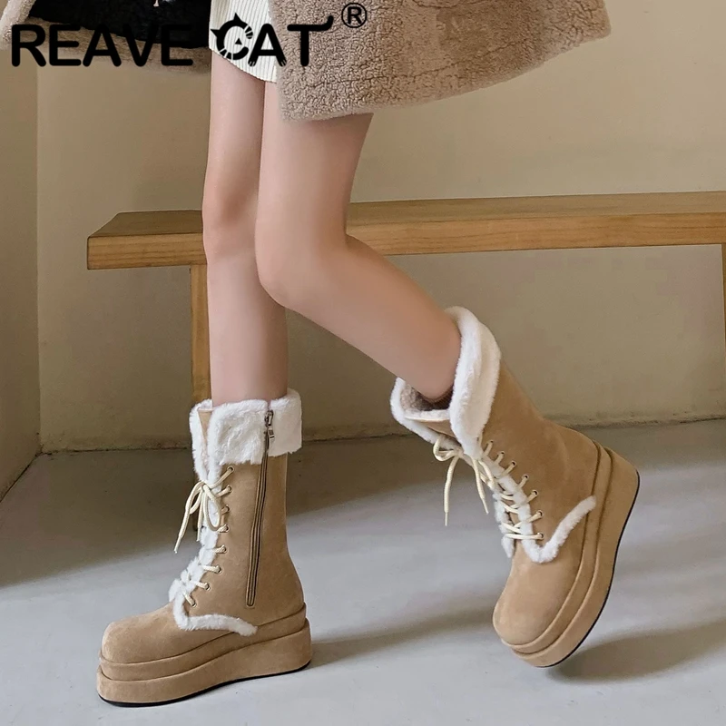 

REAVE CAT Female Snow Boots Round Toe Thick Heels 7cm Platform Flock Suede Wool Mid Calf Bota Sir Female