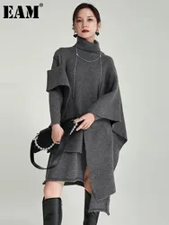 [EAM] Women Gray Irregular Design Knitting Dress New Turtleneck Long Sleeve Loose Fit Fashion Tide Spring Autumn 2024 1DF2618