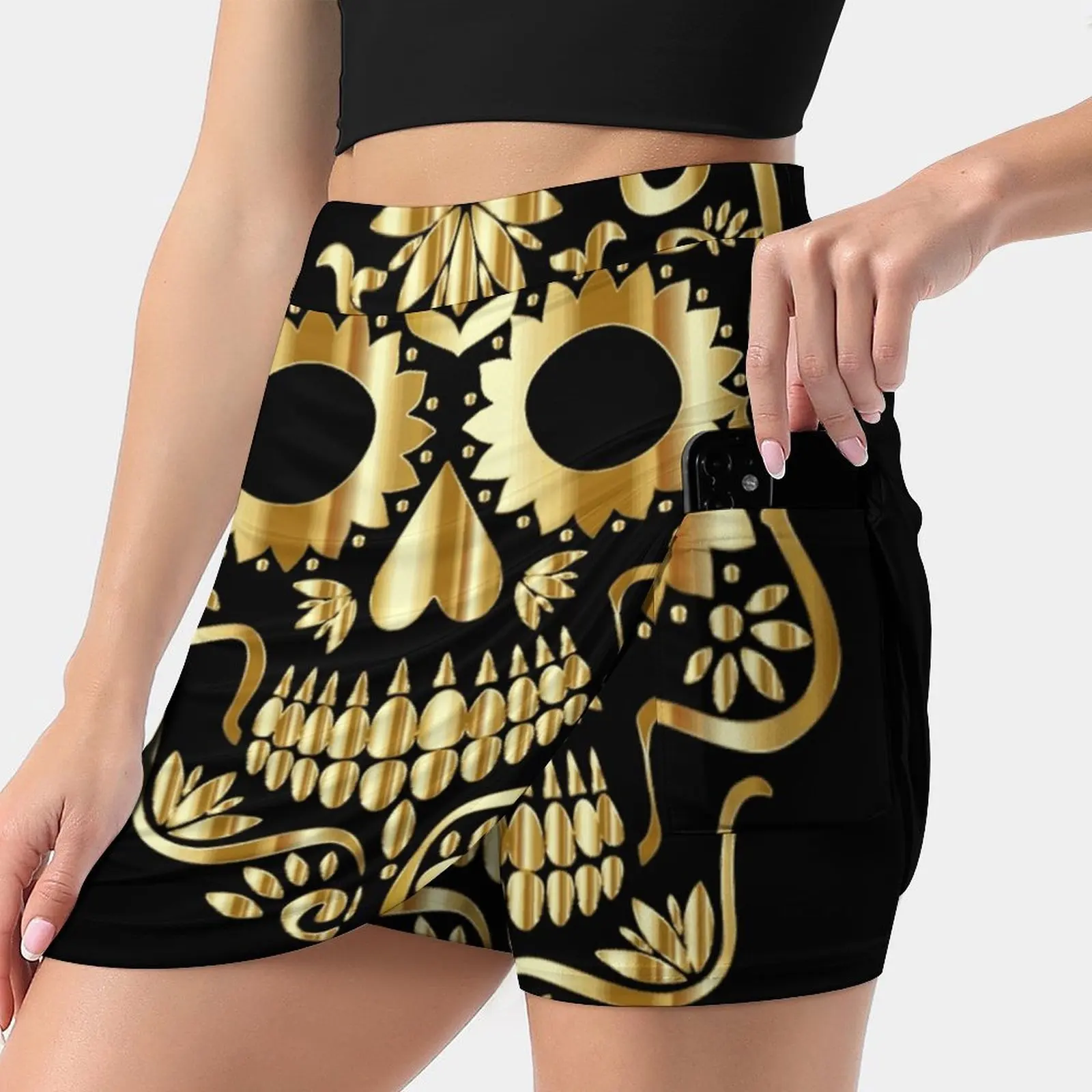 Sugar Skull Gold S-4Xl Tennis Skirts Golf Fitness Athletic Shorts Skirt With Phone Pocket Sugar Skull Skull Skeleton Day Of The