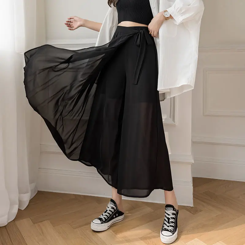 2024 New Fashionable High Waist Strap Ice Silk Casual Nine Part Skirt Pants Chiffon Wide Leg Pants Women\'s Summer Dress