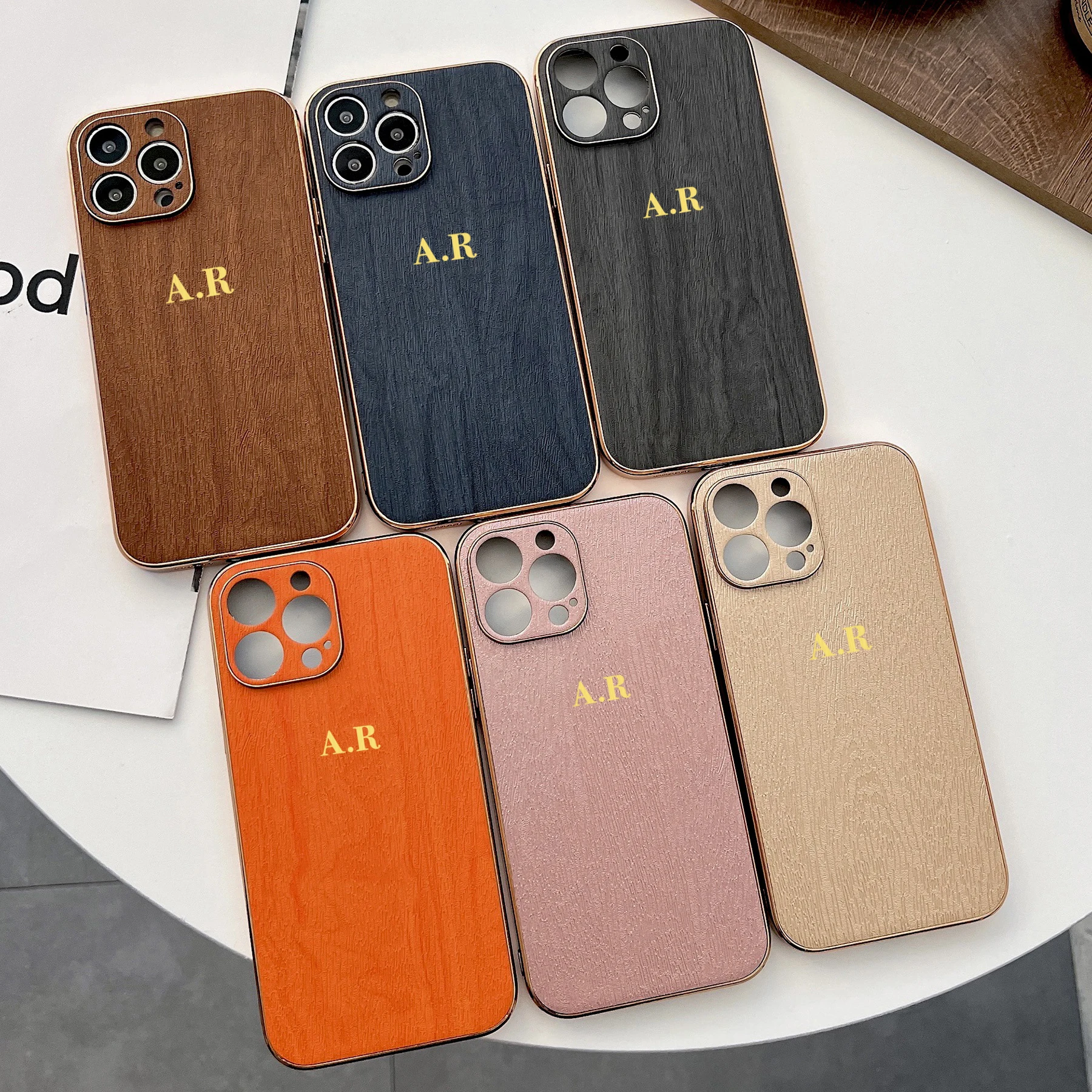 Customizable Name Electroplating Wood Grain All-Inclusive Solid Color Phone Case For iPhone 13 Pro Max 12 Pro