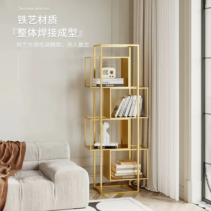 Modern simple and creative vertical floor shelf, living room cream wind bookshelf, wrought iron display shelf