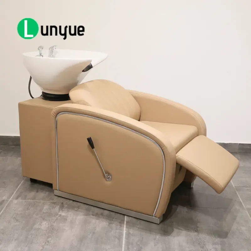 Modern Black Leather Shampoo Chair with Ceramic Basin Stainless Steel Frame High Density Sponge for Hair Washing