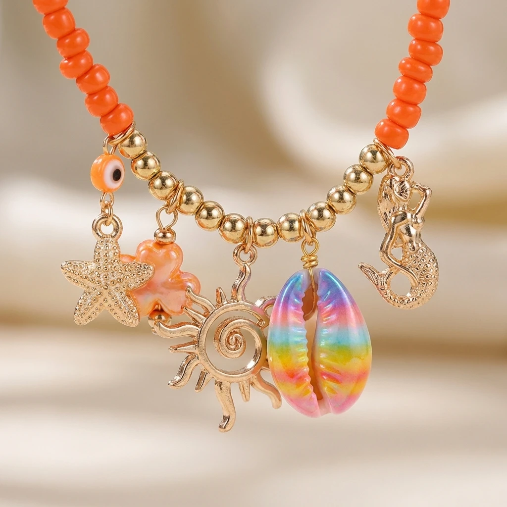 

Bohemian Handmade Rice Beads Chain Necklace for Women Red Coral Starfish Shell Pendant Necklace Vacation Party Jewelry Gifts