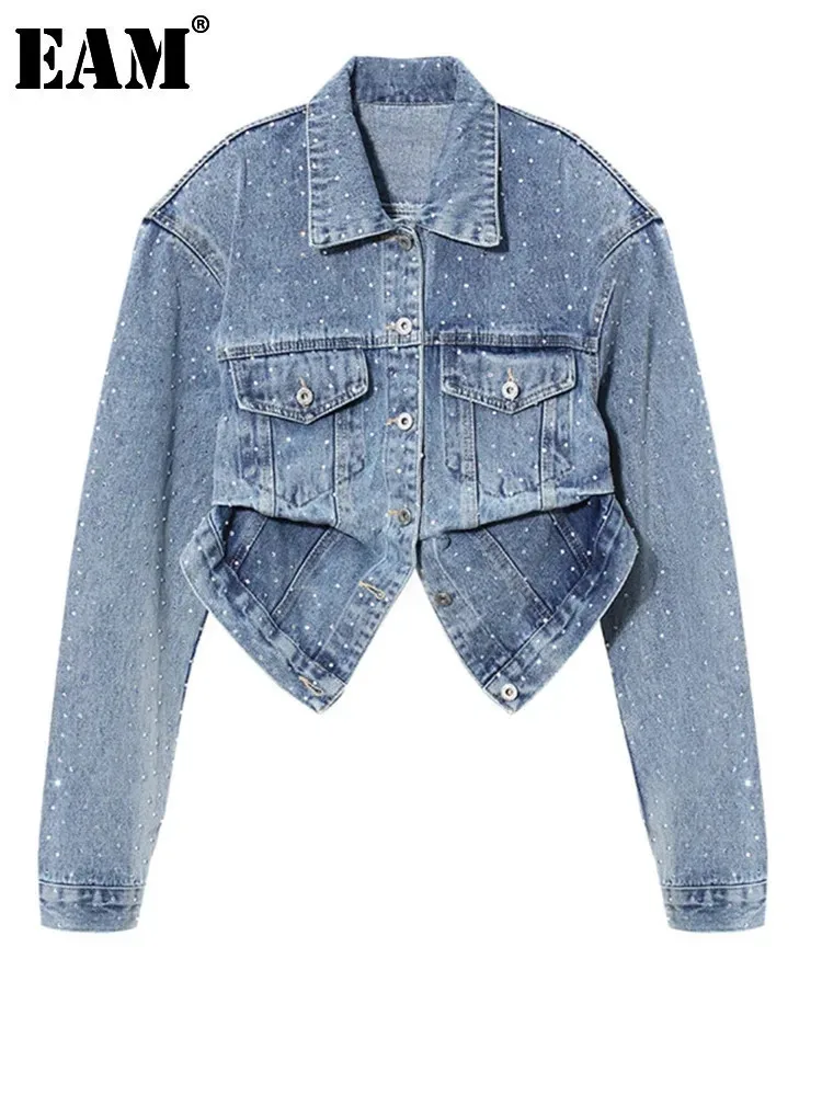 [EAM]blue Rhinestones Shining Pleated Irregular Denim Jacket New Lapel Long Sleeve Women Coat Fashion Spring Autumn 2025 7AB3860