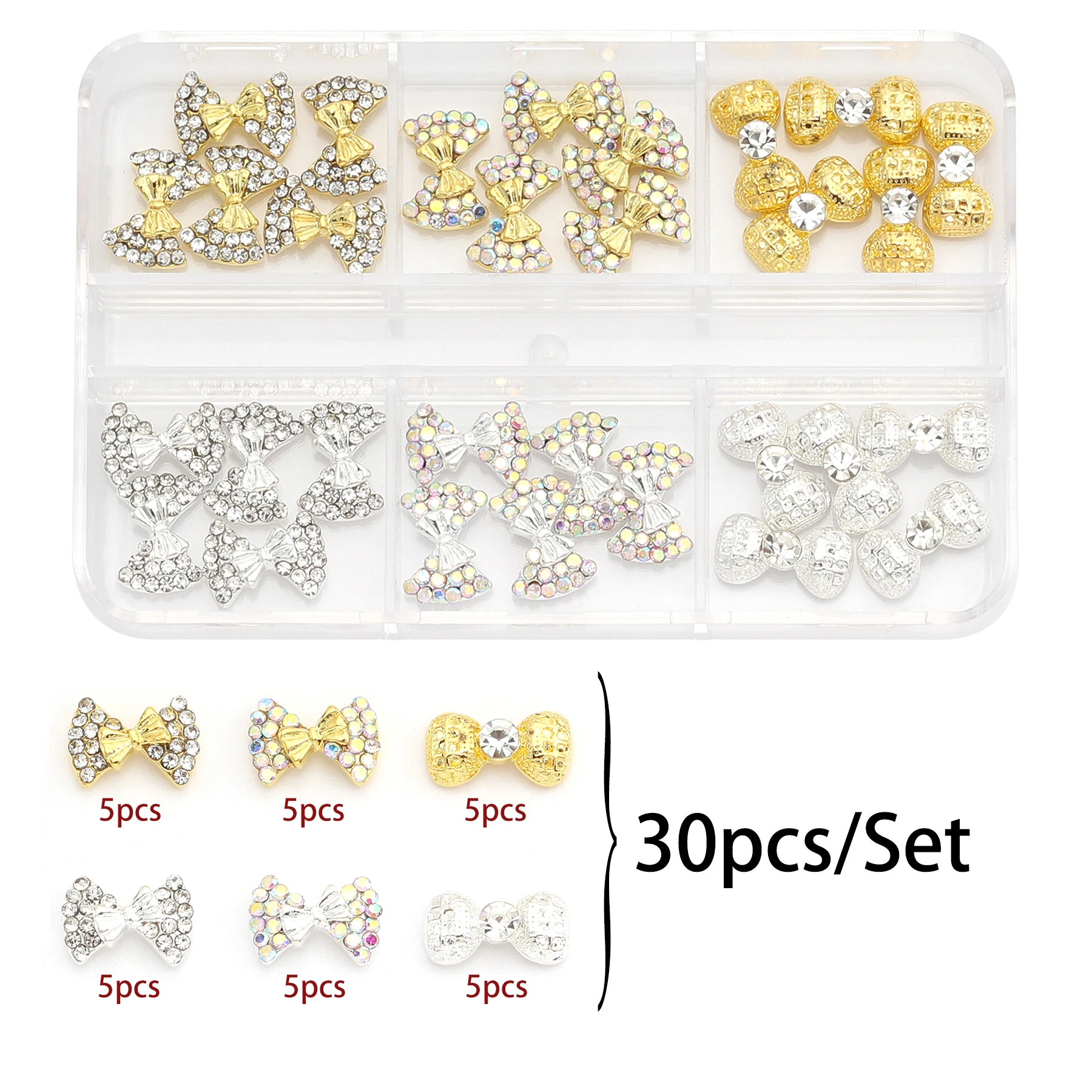 

30-piece set of 3D luxury bow tie wand metal nail art decoration Shiny Rhinestone pearl diamond charming DIY nail accessories
