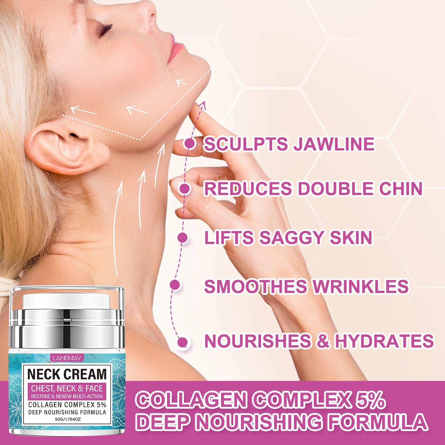 Collagen Complex Neck Cream Eliminates Fine Lines on the Neck, Tightens and Lifts the Neck and Double Chin. Neck Cream 50g