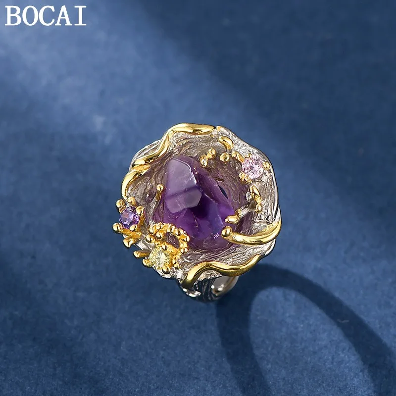 BOCAI S925 Sterling Silver Rings for Women New Fashion Contrast Color Palace Style Irregular Natural Amethyst Jewelry