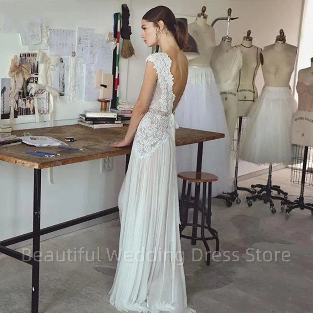 Classic Wedding Dresses Bohemian Wedding Gowns with Cap Sleeves V Neck Open Back Pleated Skirt Elegant A line Bridal Gowns