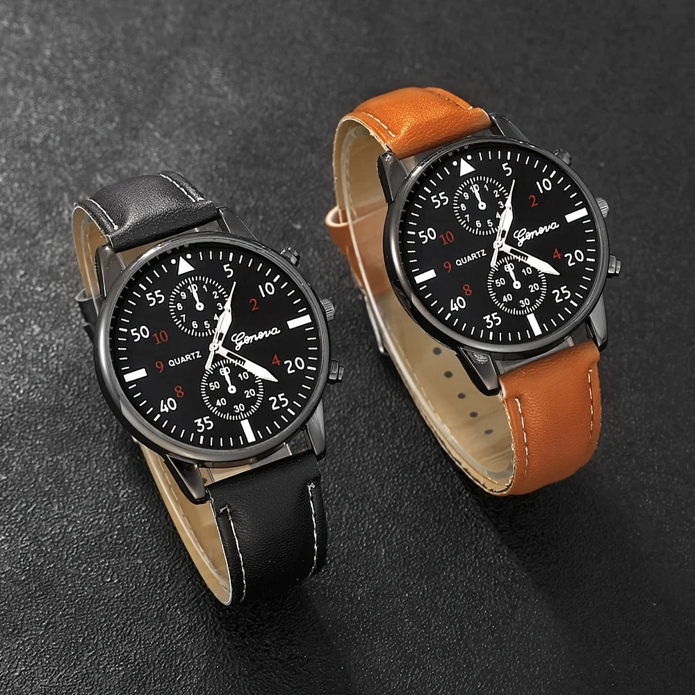 2-Pack Men\'s Casual Sports Watches, PU Leather Strap -, Multifunctional Timepiece for Business and Leisure, Ideal Gift Set