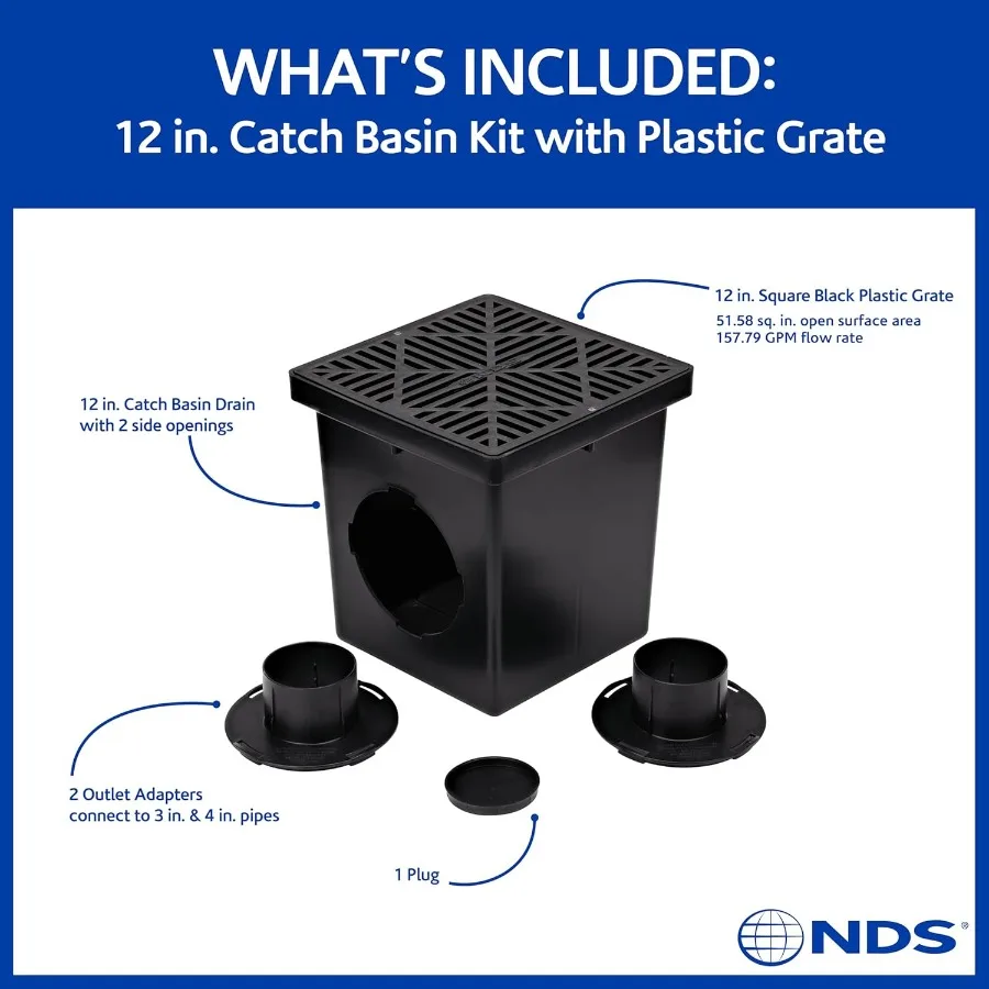 NDS 1200BKITRTL1PK Square Catch Basin Drain Kit with 2-Opening Catch Basin Drain 2 Adapters 1 Outlet Plug and 1 Plastic Drain G