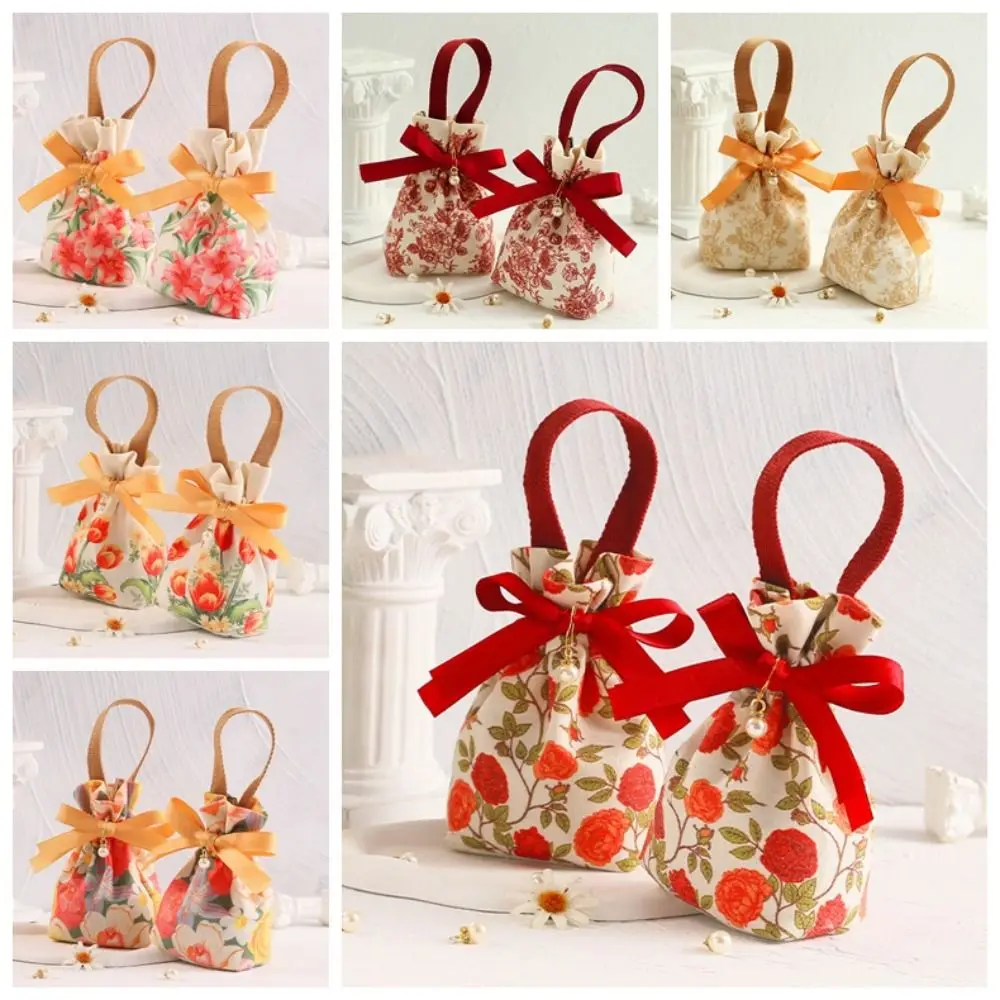 Floral Rose Flower Drawstring Bag Tulip Pearl Pendant Ins Canvas Wrist Bag Large Capacity Jewerly Packing Bag