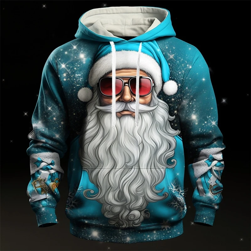 Cool Santa Claus Hoodie Men's Clothing Drawstring Pullover Sweatshirt 3D Printed Hip Hop Sunglasses Fashion Street Loose Hoodies