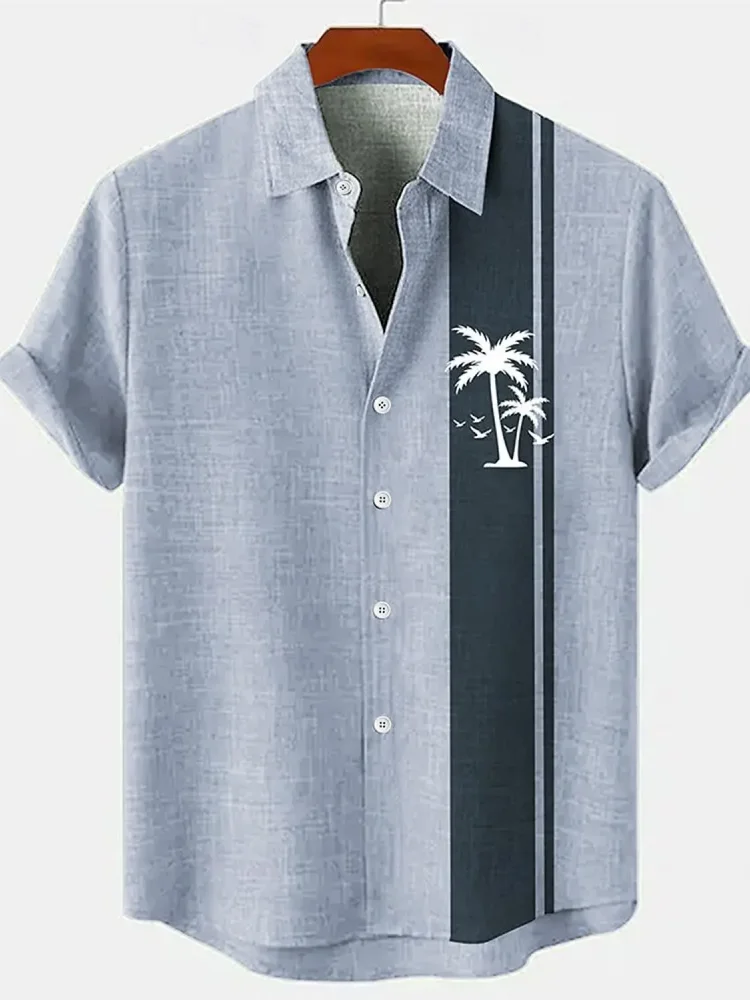 

Hawaiian men's new beach coconut tree pattern printed short-sleeved shirt linen blended comfortable breathable top