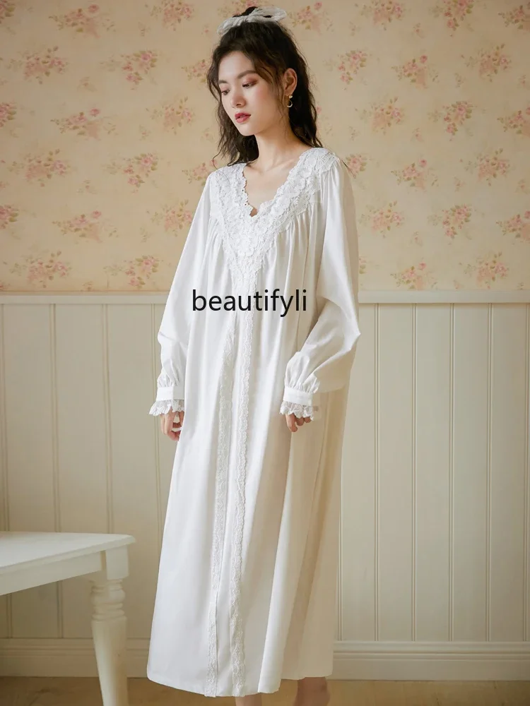 White Cotton French Nightgown Vintage Court Style Pajamas Long Sleeve