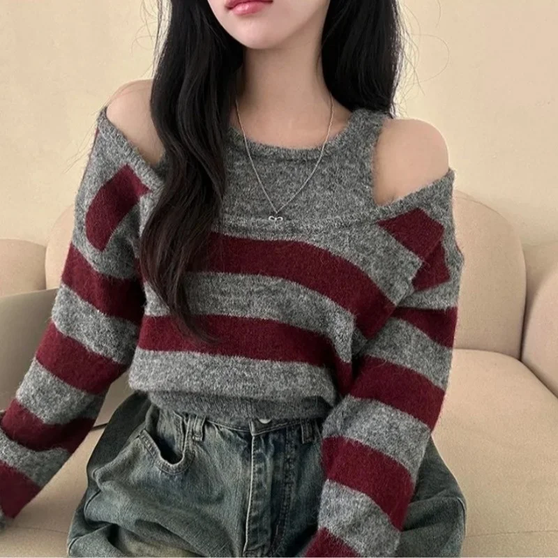 Chic Design Sense Patchwork a righe Colore Blo Casual Sle Maglione da donna Falso in due pezzi Versatile Lazy Match Autunno Inverno...