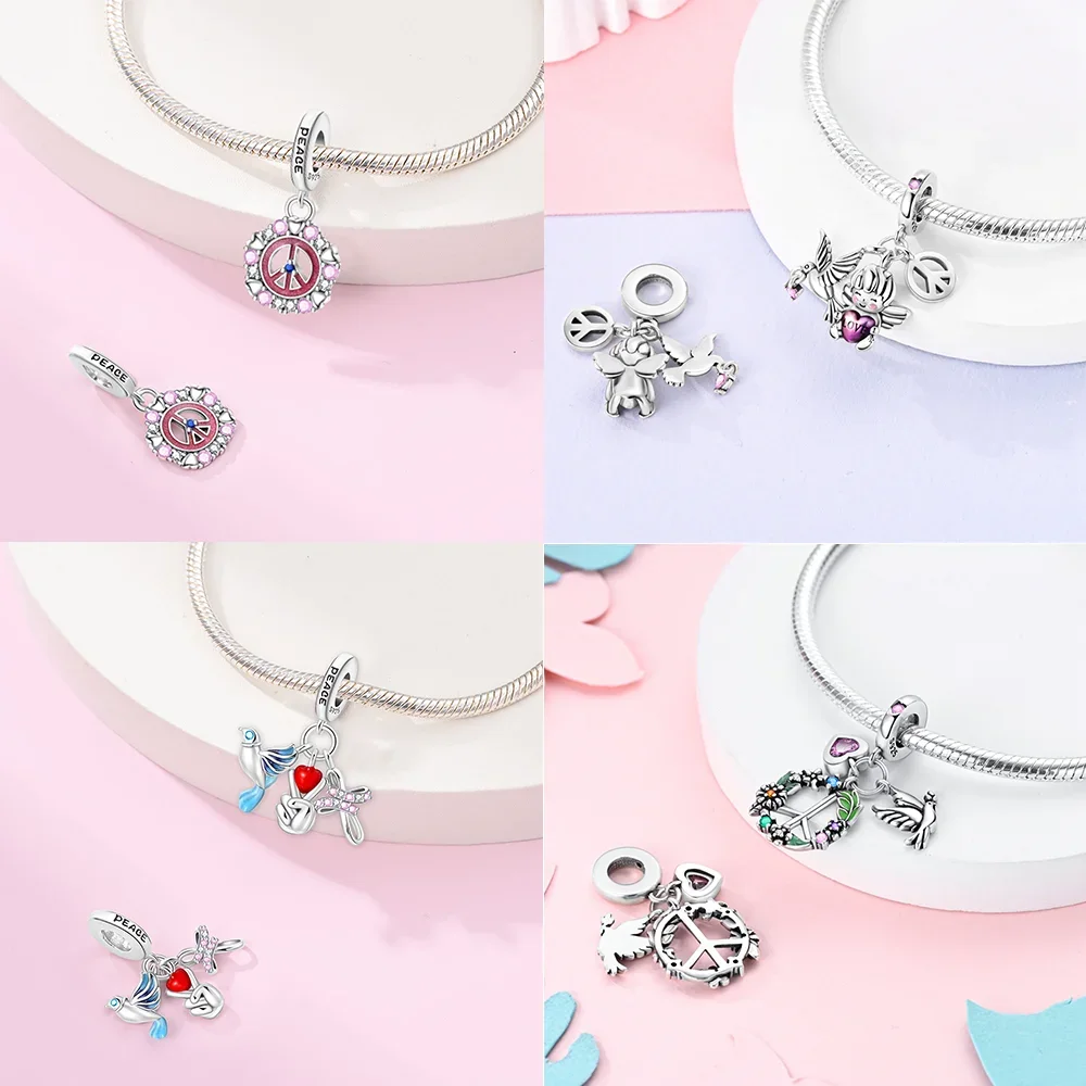

Charms 925 Silver World Peace Series Olive Leaf Peace Pigeon Hope Angel Beads Pendants Fit Bracelet DIY Women Jewelry Gift