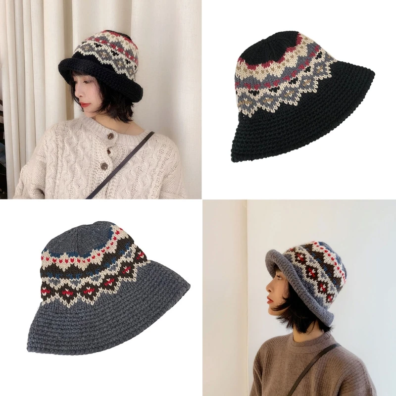 Hand-knitted Bucket Hat Vintage Floral Basin Hat Fisherman Hat Basin Hat for Sisters Friends Women Daily Wear Dropshipping