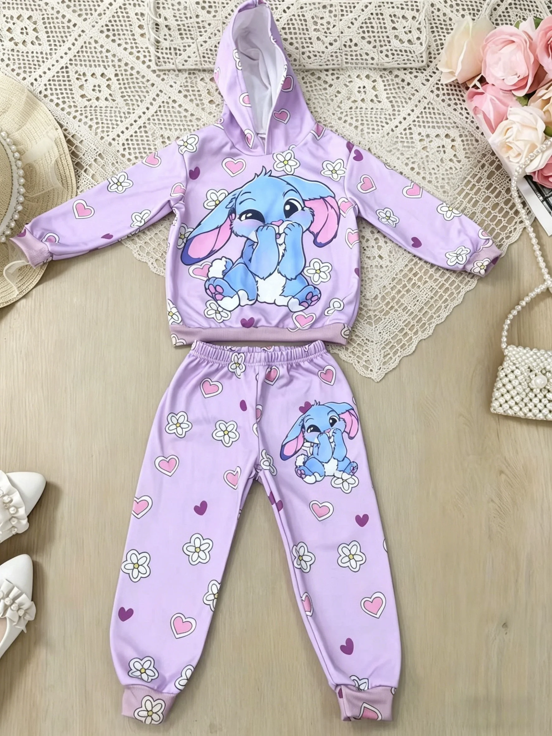 Toddler Girl Cartoon Bunny Heart Floral Hoodie Tracksuit 2Pcs Set
