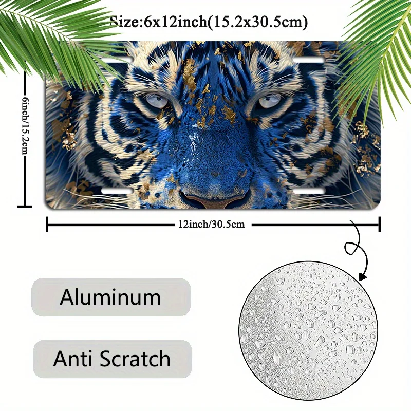 [2D Flat] 1pc 6x12 Inch Aluminum License Plate with Blue and White Tiger Design - Durable, Weather-Resistant Car Tag Cover for V
