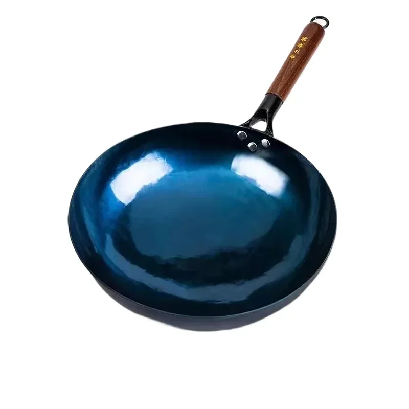 

30cm Mirror Iron Wok Seasoned Pot with Wooden Handle 2mm Thickness Uncoated Kitchen Cookware Round Bottom Wok