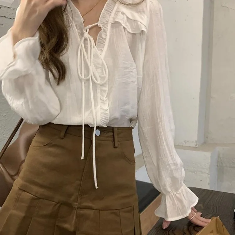 Ruffle Shirts and Blouses Korea V-neck Fashion Woman Blouse 2024 Solid Petal Long Sleeve Tops Female Autumn Casual Clothes New