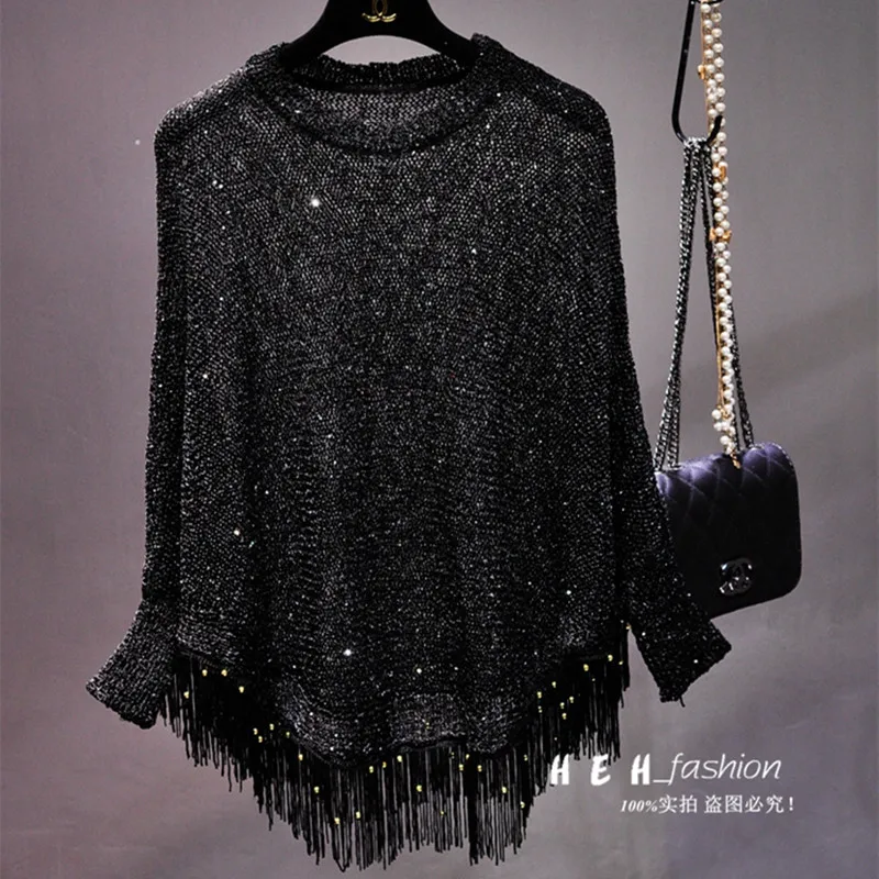 Spring 2024 Thin Hollow Sexy Sequined Tassel Cape Loose Pullover Shawl Knitted Sunscreen Bat Shirt for Women