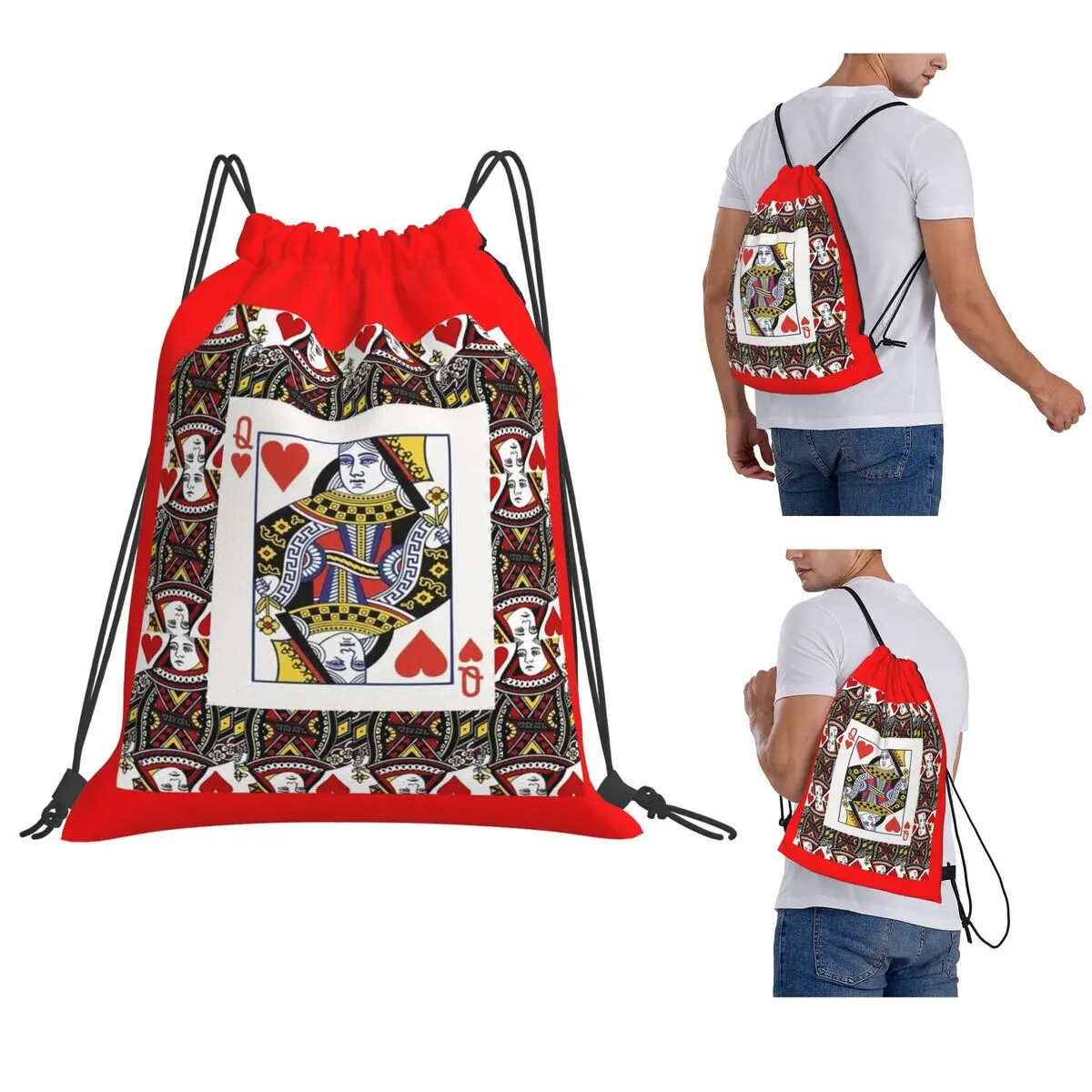 Casino Nights Red Queen Of Hearts Backpacks Portable Drawstring Bags Sports Bag Book Bags for Travel School