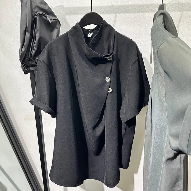 Summer Avant-Garde Design Sense Popular Irregular Loose Short Sleeve Shirt Pu Handsome Retro High-Grade Pullover Top for Men