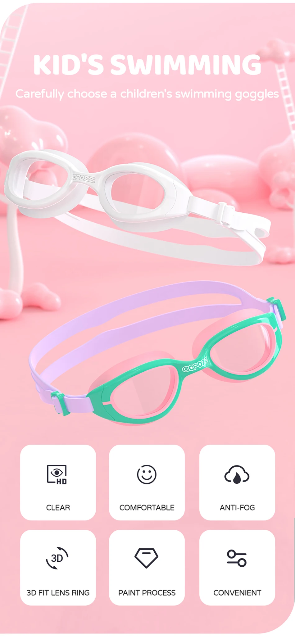 COPOZZ Bunte Schwimmbrille für Kinder, professionelle Schwimmbrille für Kinder, beschlagfrei, UV-Schutz, Wasserbrille für Jungen und Mädchen – Detail 4