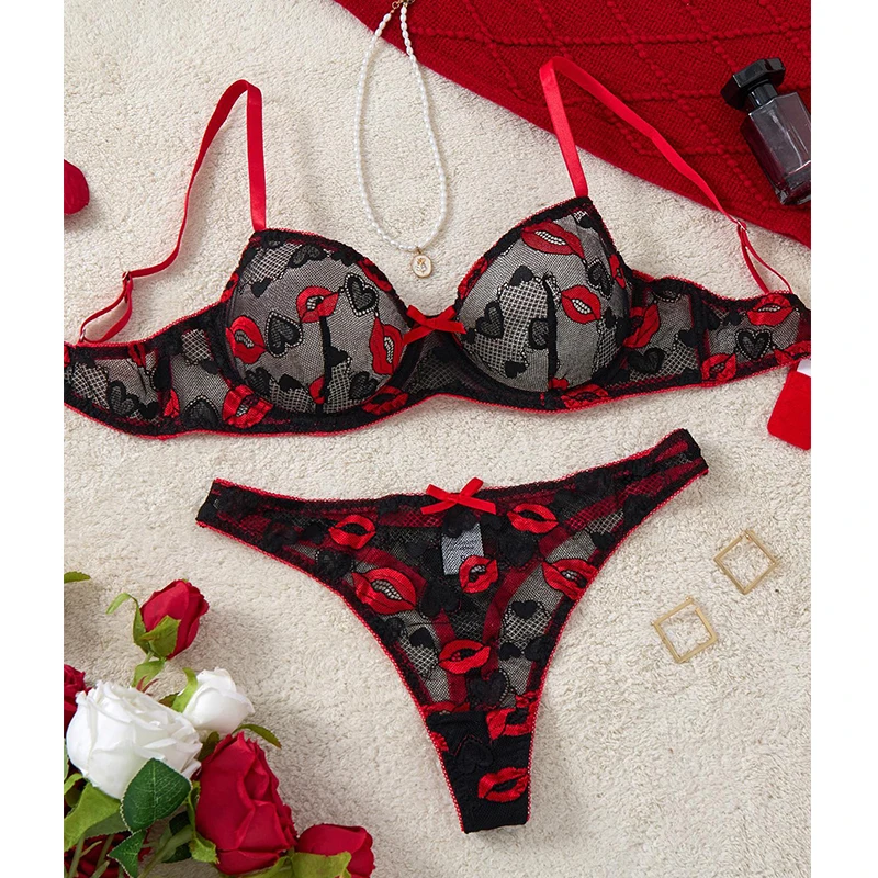 

Sexy Lingerie Female Lace Underwear Red Lip Print Erotic Lingerie Three-Point Underwear Set Soft Intimate See Through Lingerie