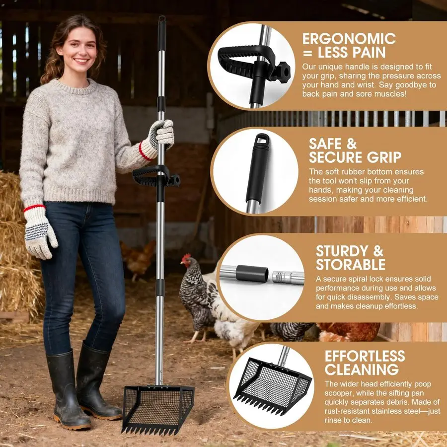 Poop Scooper amp Rake 2in1,10 مغرفة حظيرة الدجاج المعدنية لـ Poop مع مقبض من الفولاذ المقاوم للصدأ قابل للتعديل من 35 إلى 62، مغرفة القمامة أ #3