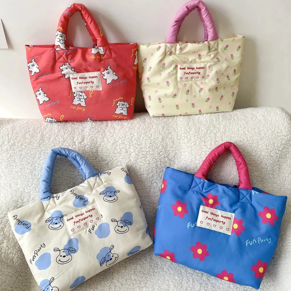 Printed Cartoon Dog Cotton Padded Tote Bag Flower Tulips Mommy Quilte Handbag Korean Style Portable Flower Shoulder Bag Women